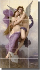 The Rapture of Psyche by William Bouguereau- Old World Tumbled Marble Tile Mural 28" x 16" Kitchen