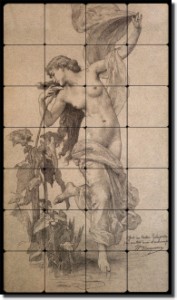 Dawn by William Bouguereau - Artwork On Tile Tumbled Marble Mural 28" x 16" Kitchen Shower Backsplas