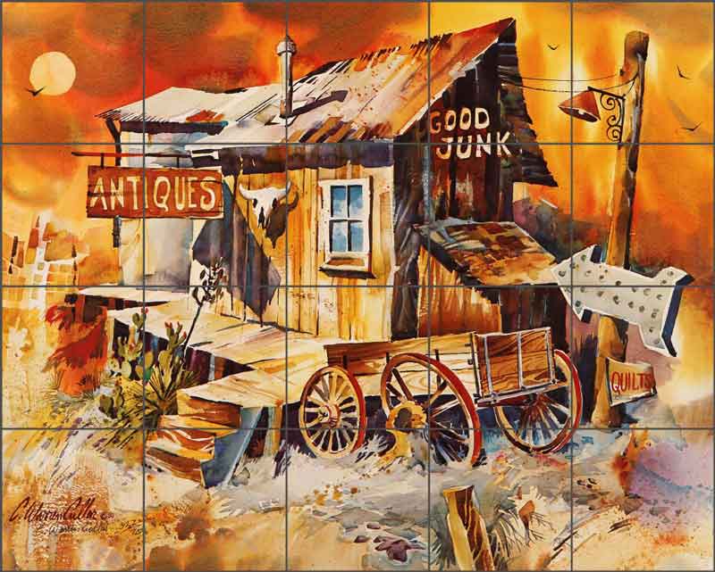 We Buy Junk and Sell Antiques by Warren Cullar Ceramic Tile Mural - WC107