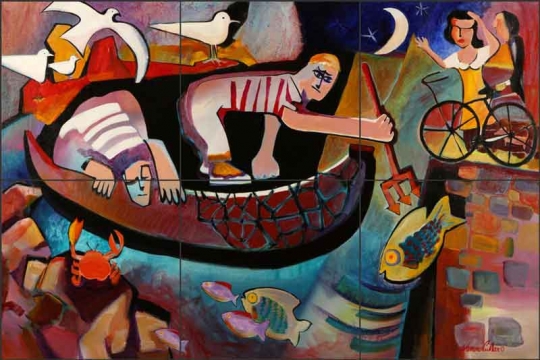 Night Fishing with Picasso by Warren Cullar Ceramic Tile Mural