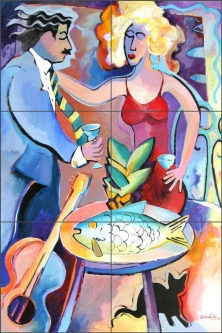 Cat, Fish, Romance by Warren Cullar Ceramic Tile Mural WC134