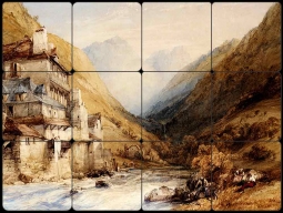 A Figure Fishing in a Mountain Stream by William Callow Tumbled Marble Tile Mural WC2-004